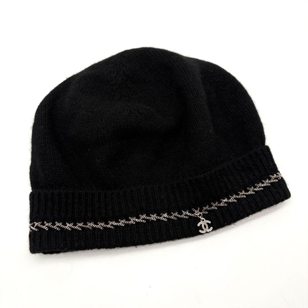 【極美品】CHANEL シャネル ニット帽 チェーン ココマーク カシミヤ 黒