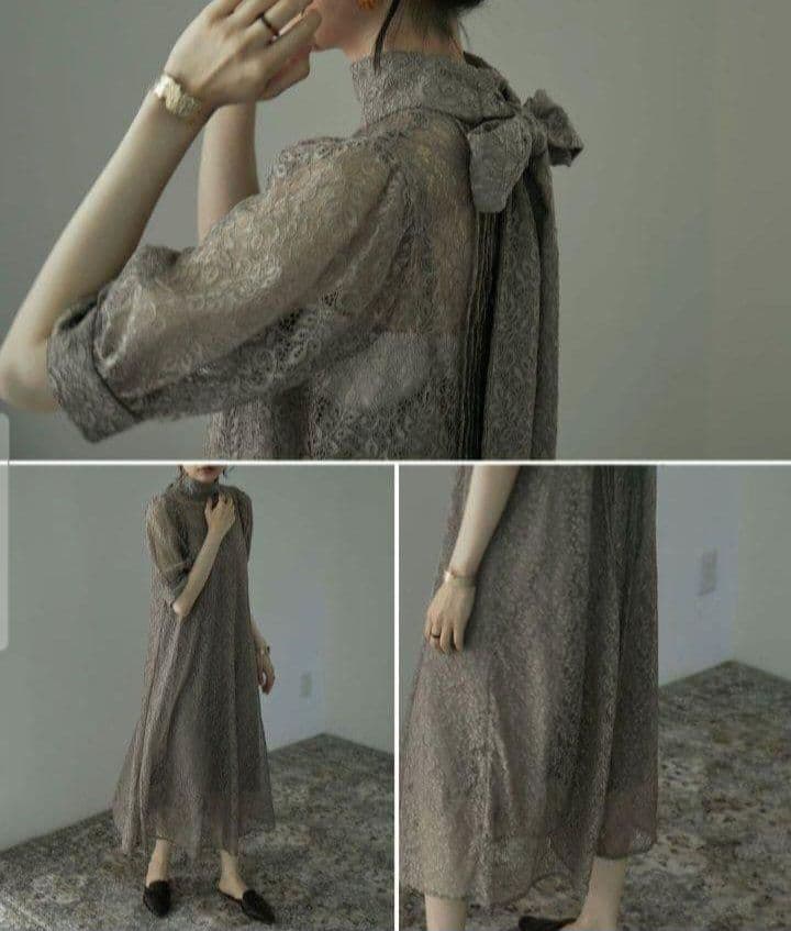 etoll. エトル インナー付きバックリボンレースドレスワンピース グレージュ