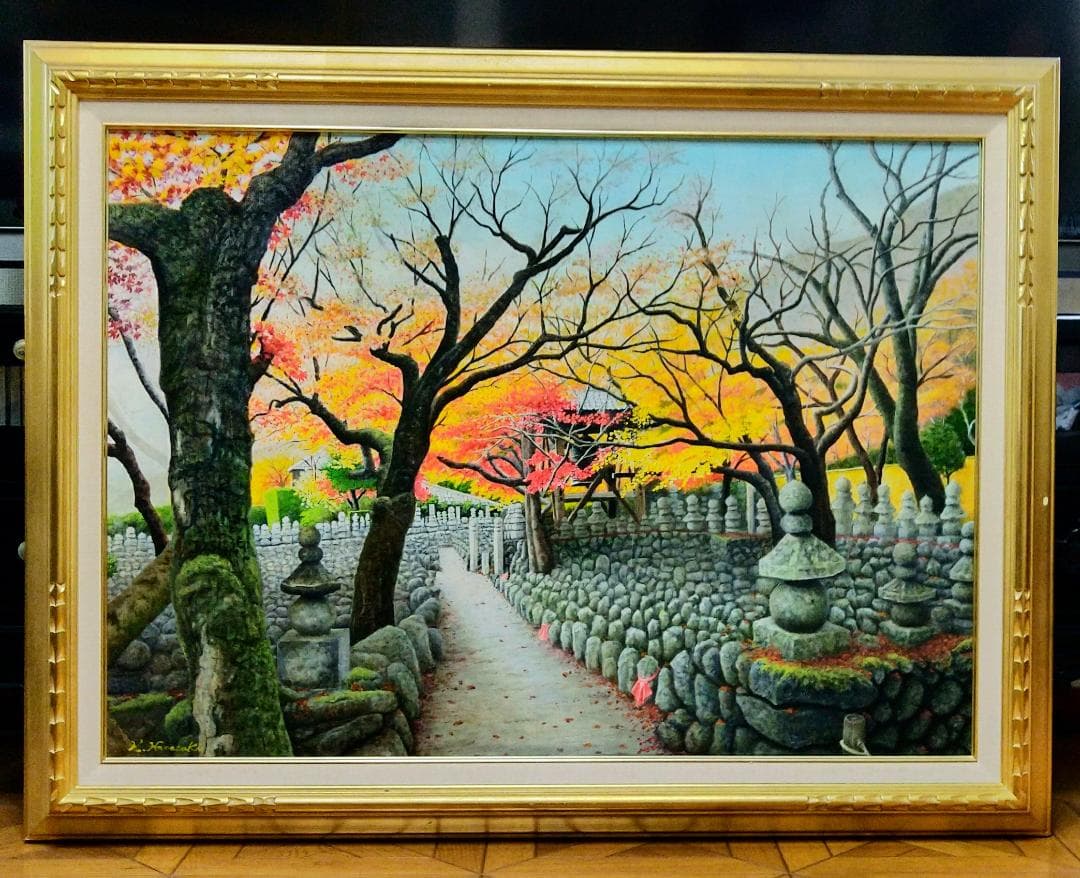 油彩 秋の京都「化野念仏寺」風景画 油絵 油彩画 絵 絵画 寺 原画 P30号
