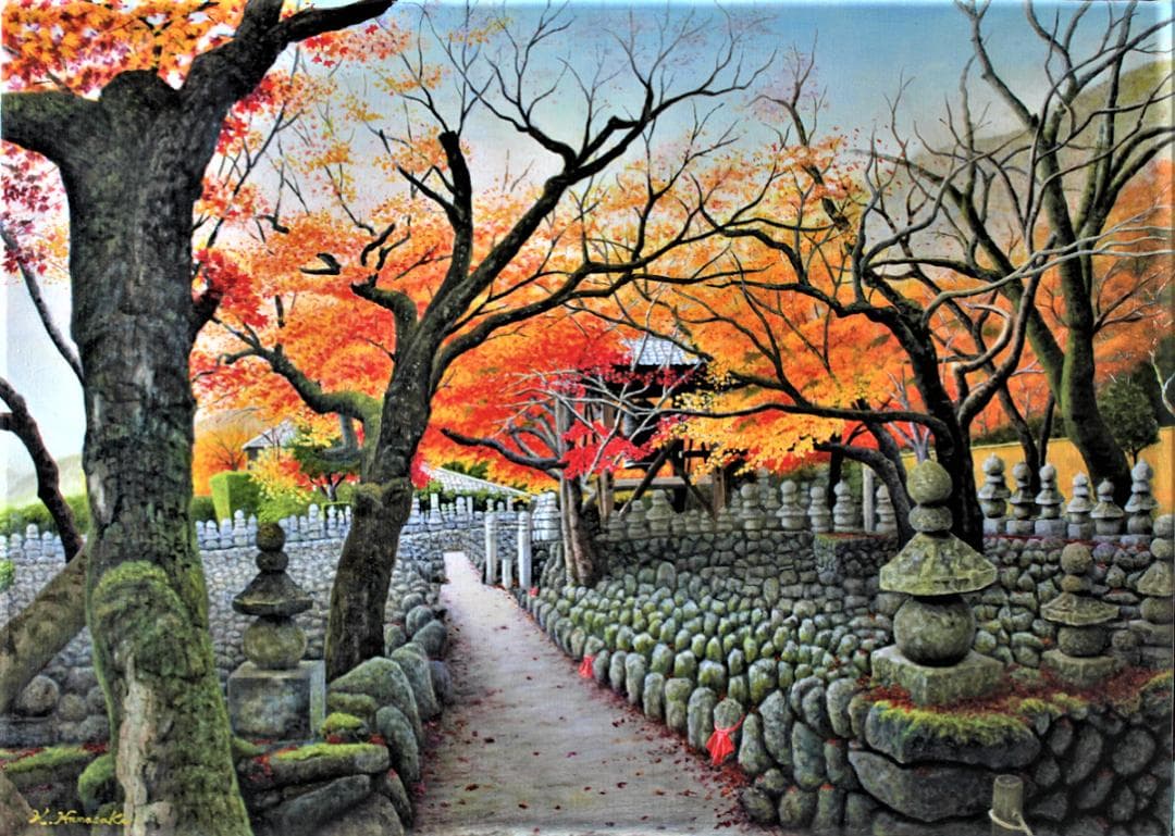 油彩 秋の京都「化野念仏寺」風景画 油絵 油彩画 絵 絵画 寺 原画 P30号