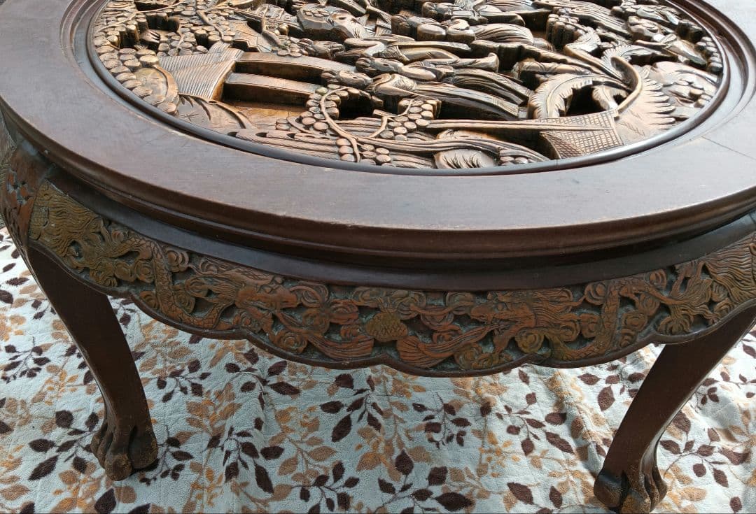 アンティーク彫刻家具 アジア 座卓 ちゃぶ台 猫脚 骨董