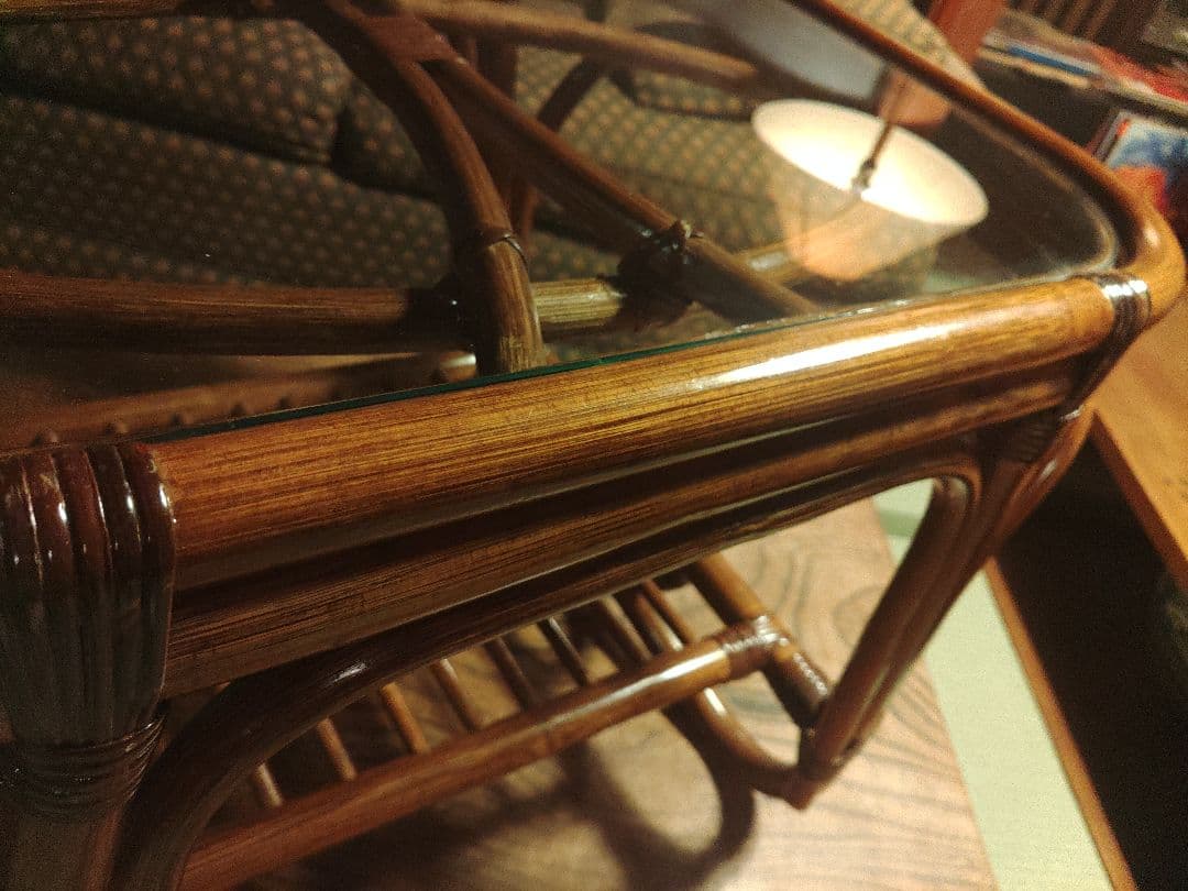 山　美品　ラタン　ガラステーブル　机　サイドテーブル　レトロ