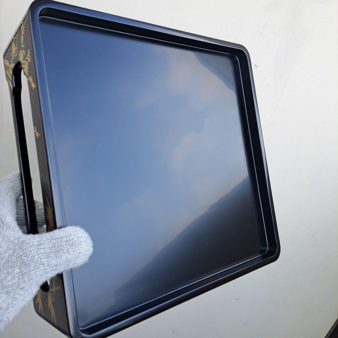 【輪島塗　7.5寸\"2段重箱&重箱台】布着本堅地　沈金\"四君子　未使用品