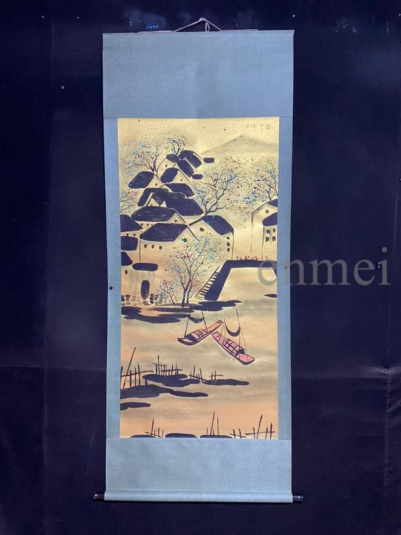 中国古美術・旧藏・近現代・吳冠中款・金箋・山水風景画・中堂掛軸・純手描き・書画