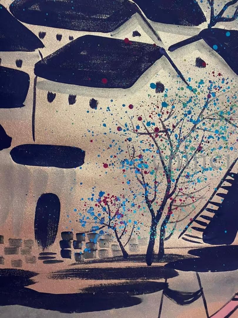 中国古美術・旧藏・近現代・吳冠中款・金箋・山水風景画・中堂掛軸・純手描き・書画