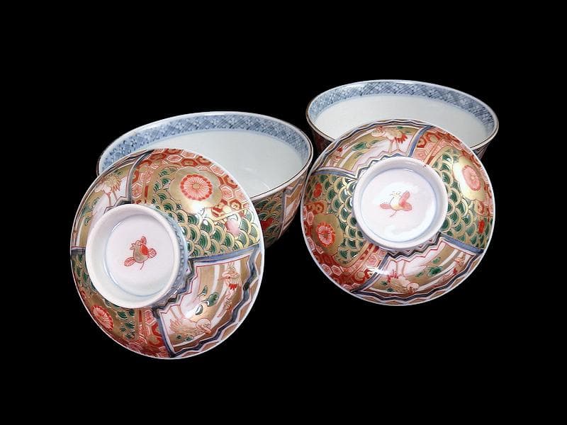 古伊万里　金襴手　亀甲に青海波　舞鶴の図　蓋茶碗　2客　E086AS-DAk