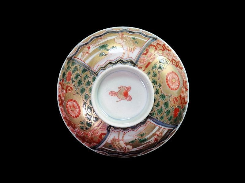 古伊万里　金襴手　亀甲に青海波　舞鶴の図　蓋茶碗　2客　E086AS-DAk