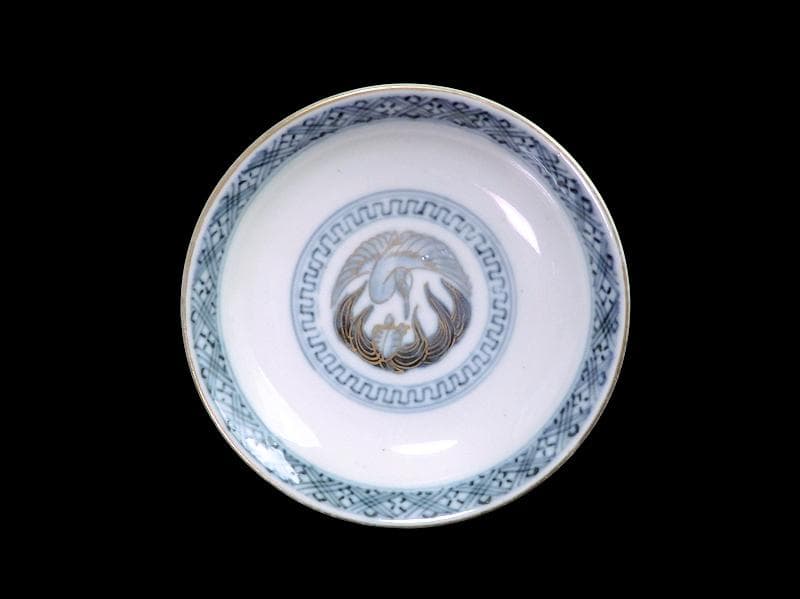 古伊万里　金襴手　亀甲に青海波　舞鶴の図　蓋茶碗　2客　E086AS-DAk