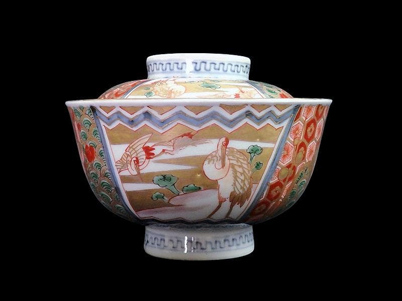 古伊万里　金襴手　亀甲に青海波　舞鶴の図　蓋茶碗　2客　E086AS-DAk