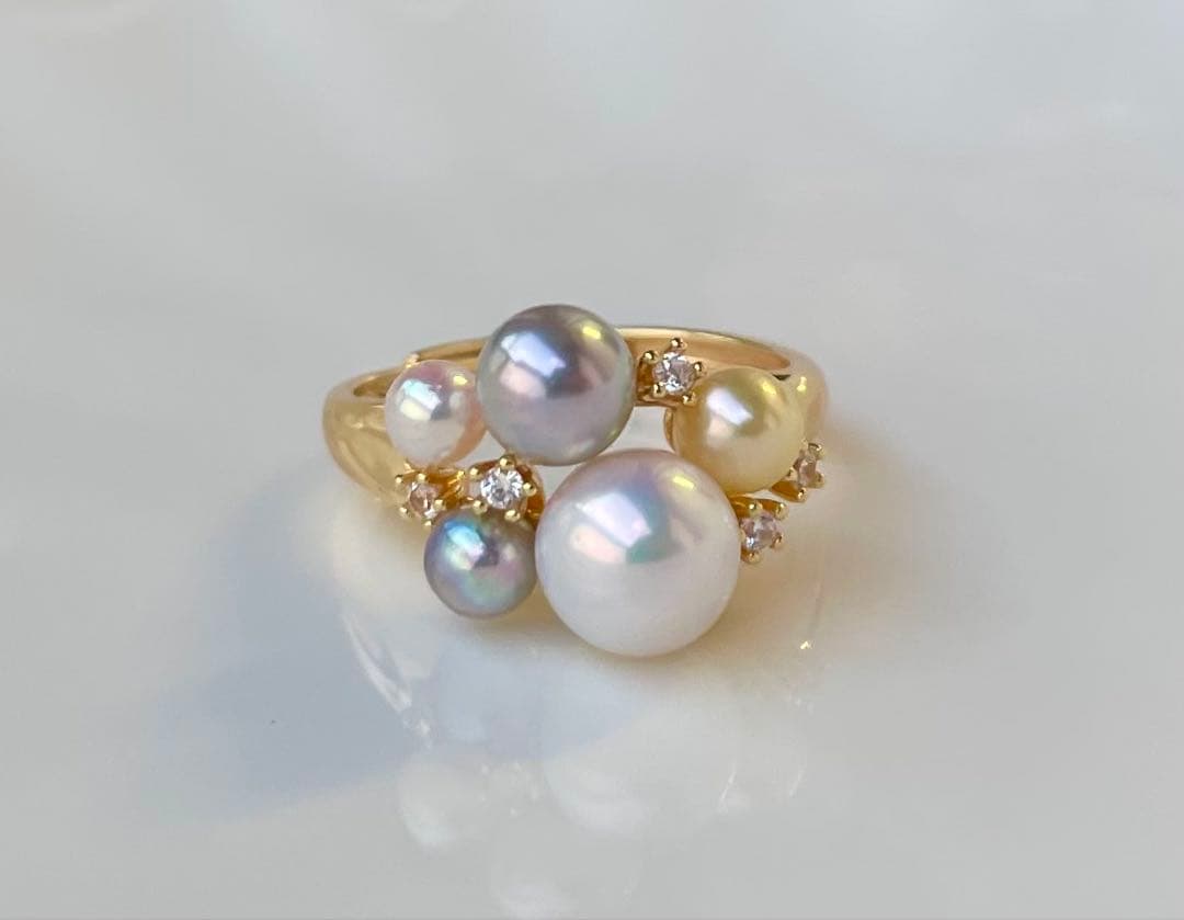 あこや真珠 ミラー調本真珠 s925リング 指輪 マルチカラー 一点物 白の序章