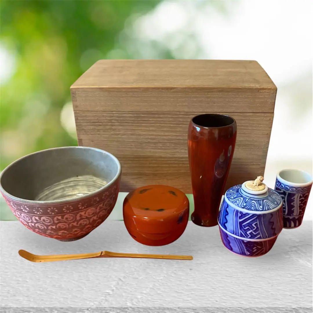 茶道具セット 桐箱入り 三島茶碗 茶筅 棗 茶杓 振出 稽古用 ほぼ未使用