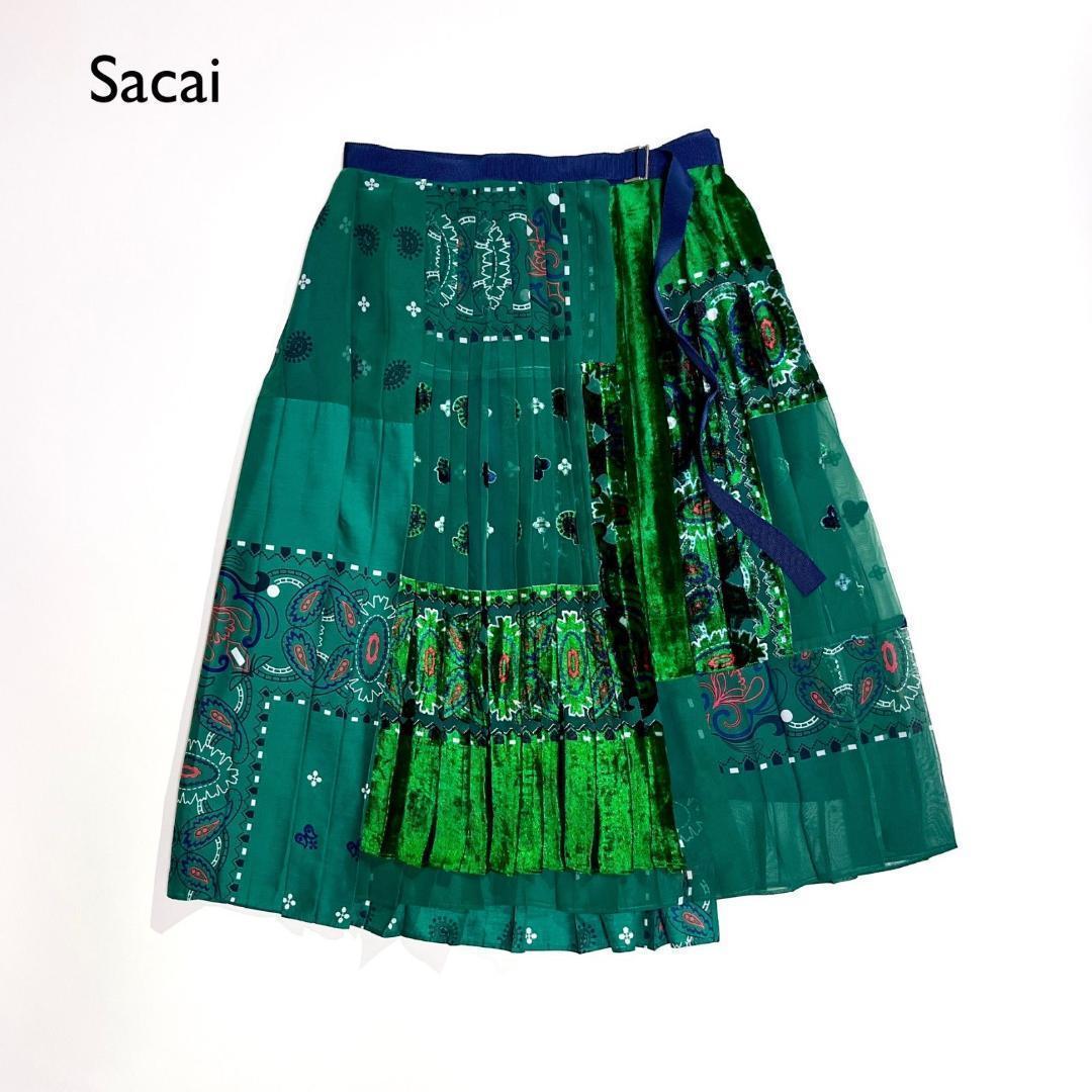 h20 sacai 定11万 アシンメトリープリーツスカート ベロアペイズリー柄