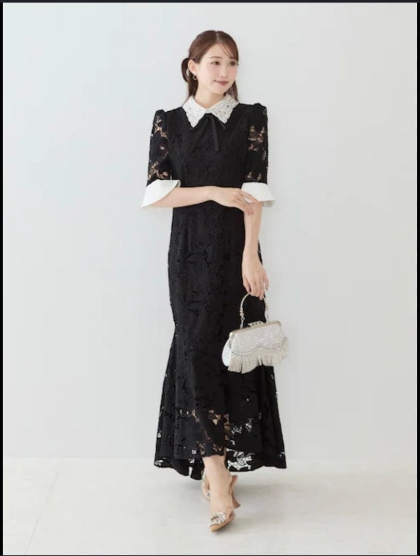 Leja パールカラーボウタイフラワーレースフィッシュテールワンピース