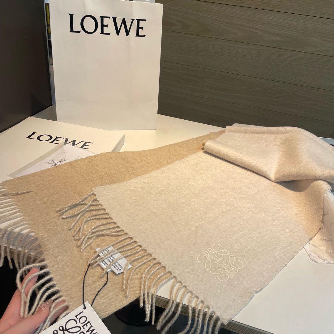 ロエベ マフラー ベージュ カシミヤ フリンジ付き 35×180cm