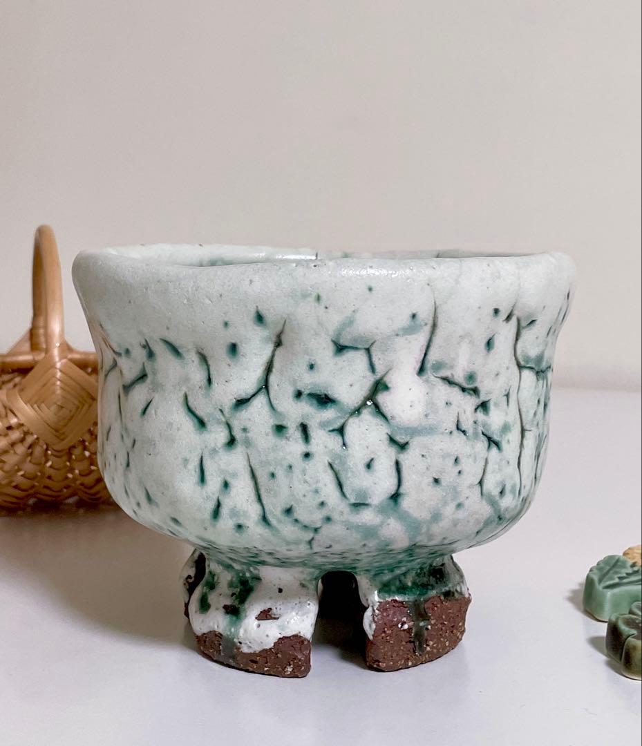 萩焼　山根清玩　鬼萩　緑　割高台　新品　光彩庵　抹茶碗　陶器