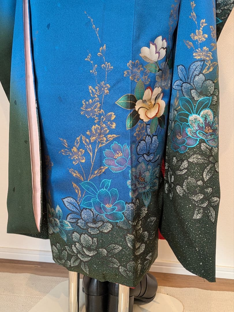 振袖フルセット 身丈168裄68 豪華振袖 金銀彩 青 黒 正絹 逸品 成人式