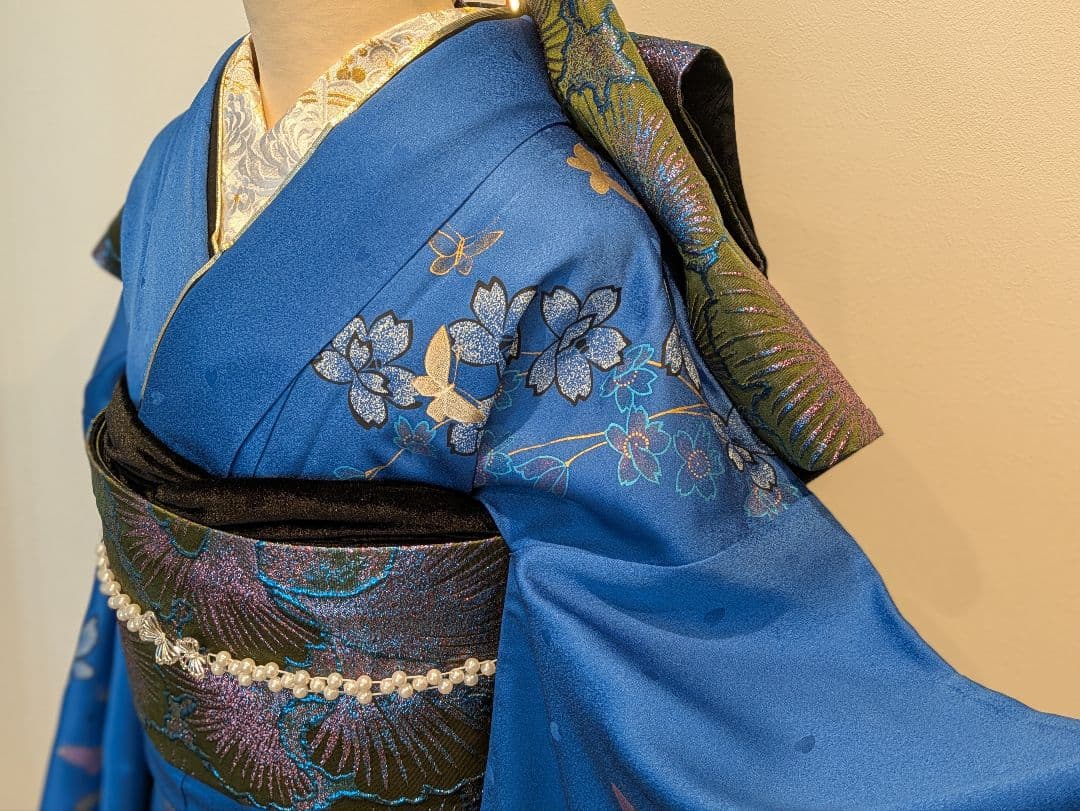 振袖フルセット 身丈168裄68 豪華振袖 金銀彩 青 黒 正絹 逸品 成人式