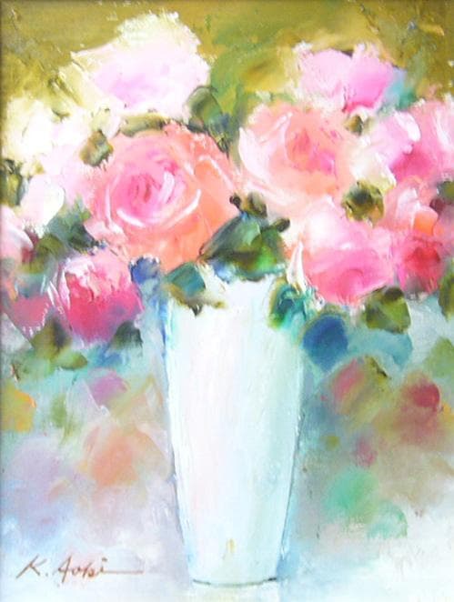 絵画 肉筆油絵 青木今陽 静物画 ピンクの薔薇