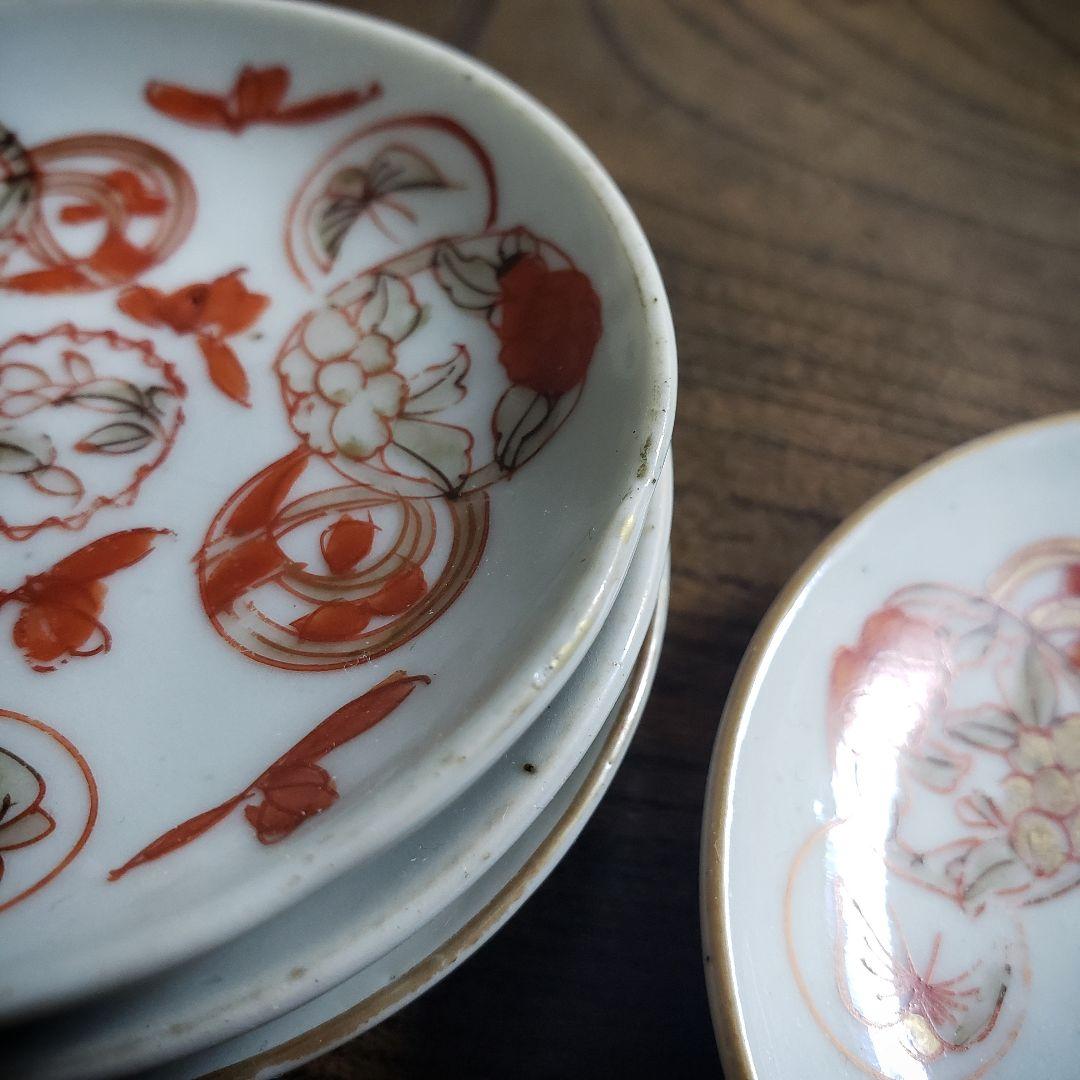 豆皿　小皿　4枚　白磁　赤絵　絵付　古伊万里　蝶　丸窓　唐草　江戸