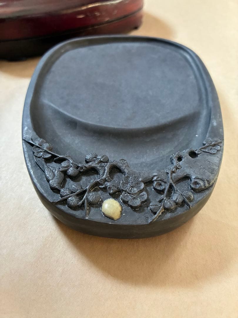 端渓硯　梅花鳥文　石眼　書道具