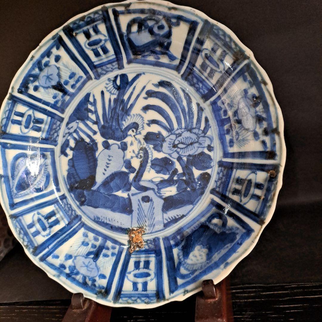 古伊万里初期　呉須染付 輪花鉢　極上祥瑞　孔雀牡丹図 　芙蓉手深皿　窯傷有り