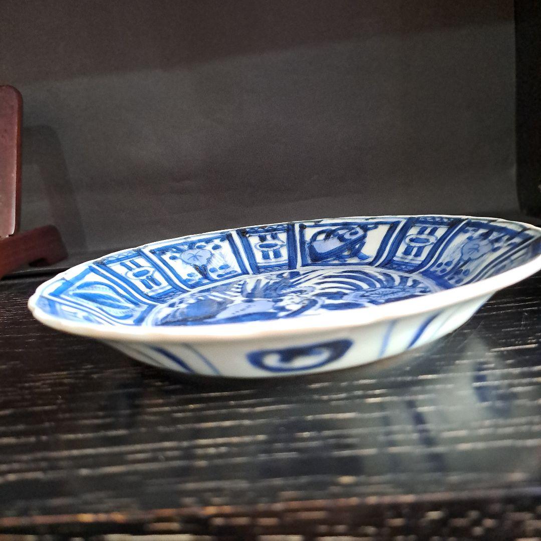 古伊万里初期　呉須染付 輪花鉢　極上祥瑞　孔雀牡丹図 　芙蓉手深皿　窯傷有り