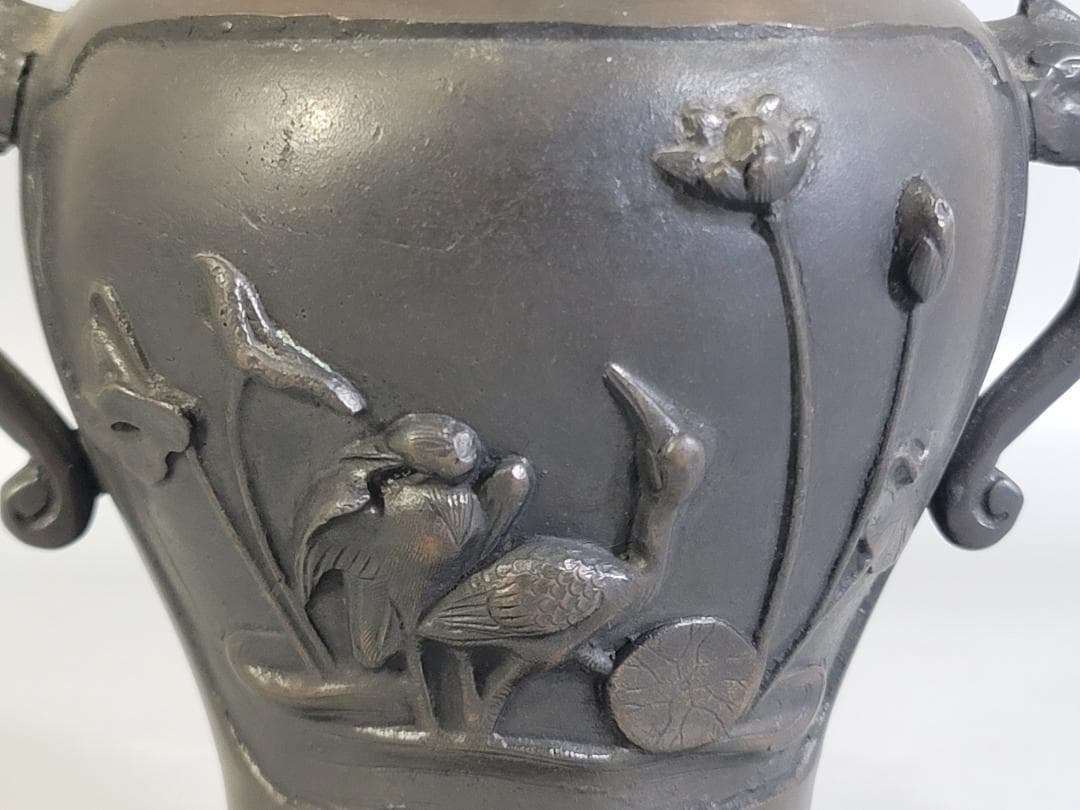 銅 獅子蓋 松鶴 蓮鶴 窓図 香炉 菊紋 DT277