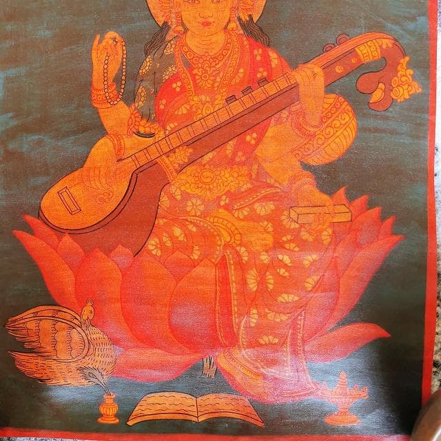 サラスヴァティ　弁財天：　タンカ　仏画（額縁なし）
