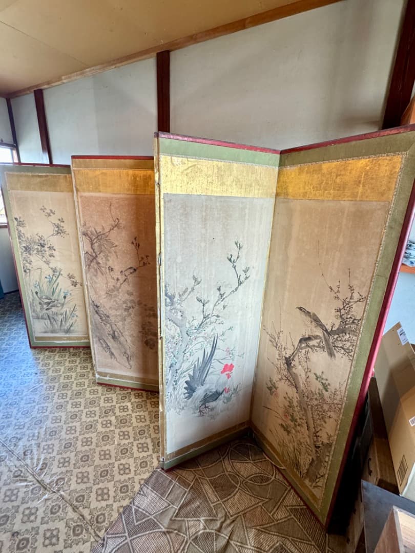 江戸後期 ~ 明治初期 六曲屏風 二点セット 鳥花図 美品 アンティーク