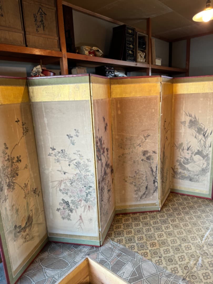 江戸後期 ~ 明治初期 六曲屏風 二点セット 鳥花図 美品 アンティーク