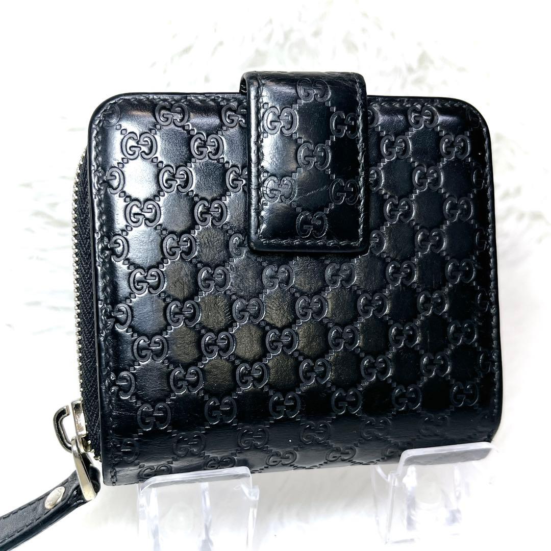 極美品 GUCCI マイクロGG シマ 2つ折り財布 レザー ラウンドジップ 黒