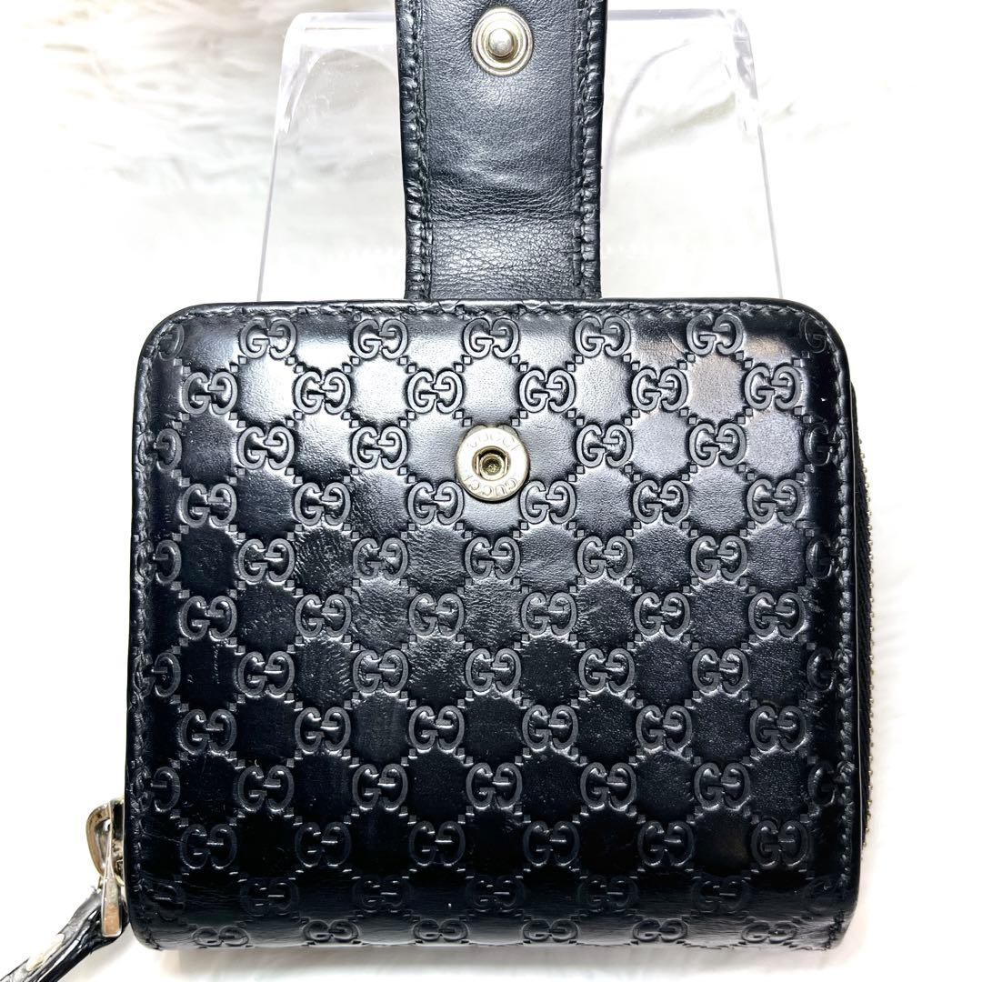 極美品 GUCCI マイクロGG シマ 2つ折り財布 レザー ラウンドジップ 黒