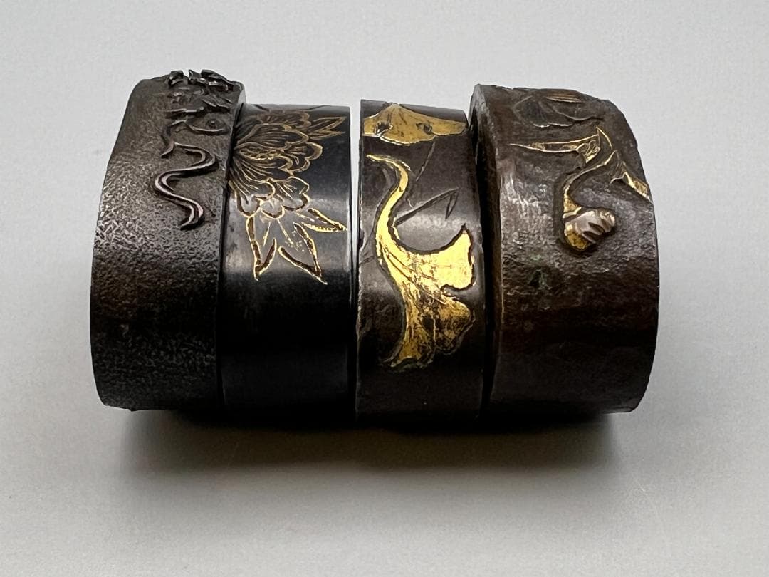 【海】江戸明治期　日本刀装具　花図　牡丹　金象嵌　縁頭　４点　骨董品　美術品