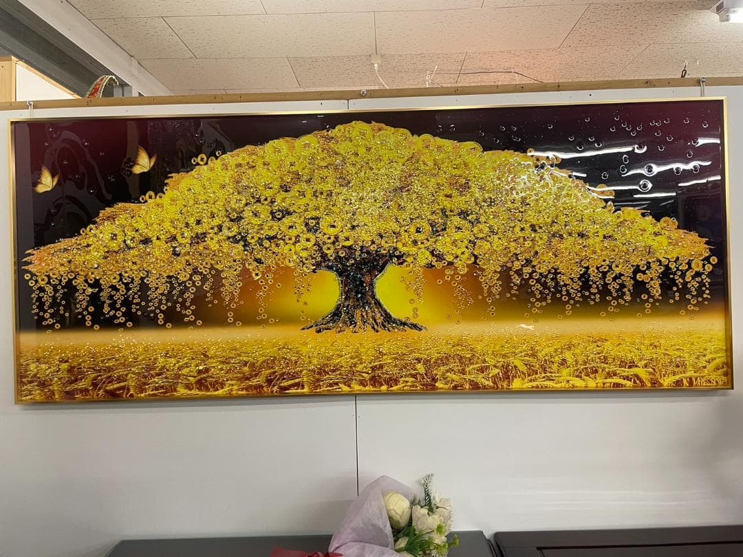巨大　水晶絵　アートパネル　金のなる木　金運　クリスタル　絵画　アート　ゴールド