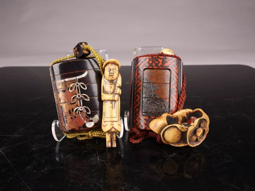 A48 【江戸時代】 漆芸印籠 2点 根付／時代のダメージあり ＃｛