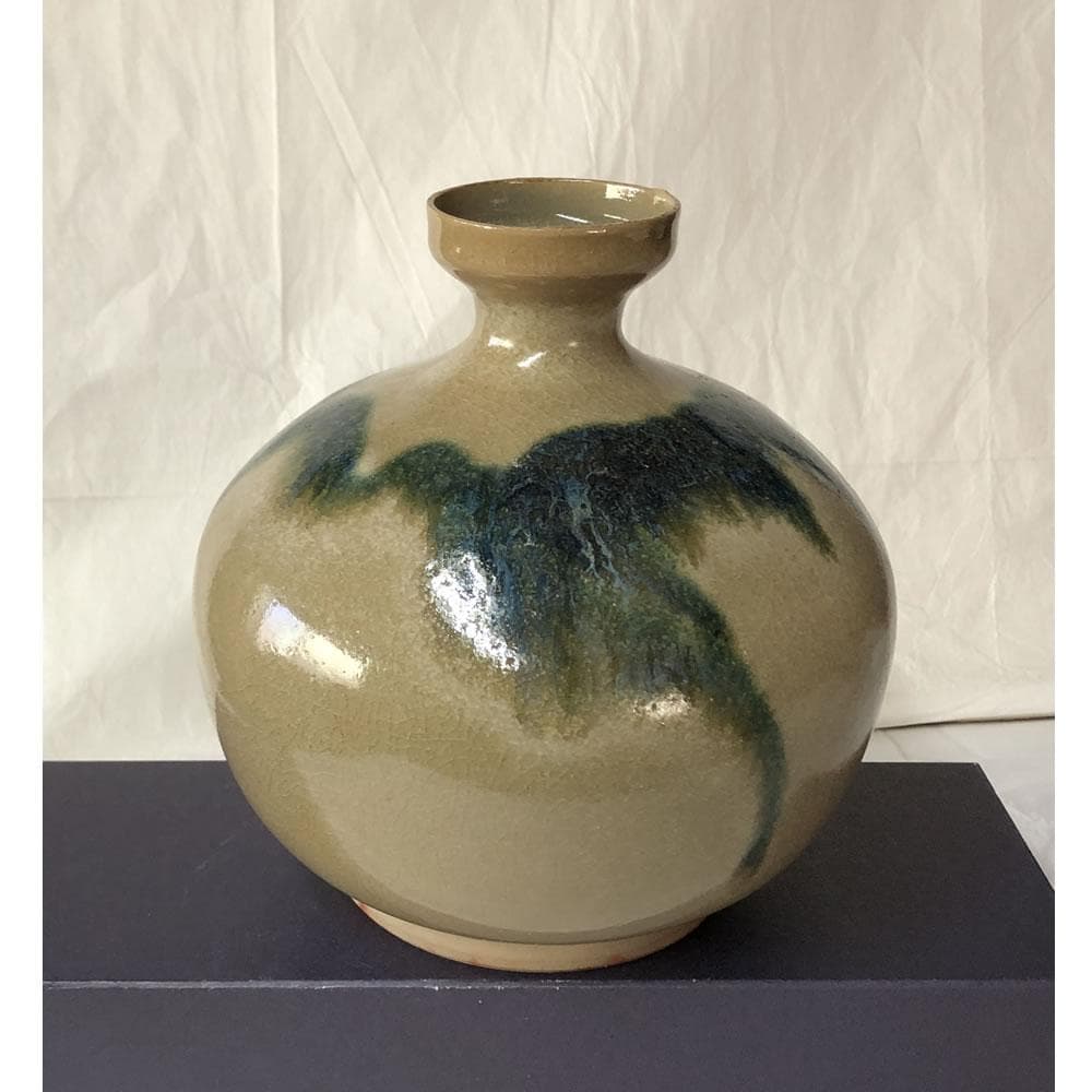 e3050 黒井一楽 虫明焼 青釉流し 花入 共箱 蕪形 高さ17.5cm