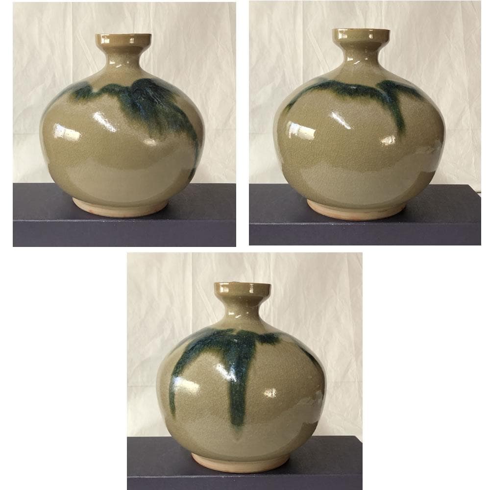 e3050 黒井一楽 虫明焼 青釉流し 花入 共箱 蕪形 高さ17.5cm