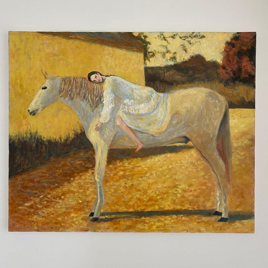 白馬と女性 F25 絵画 油彩画 風景画 人物画