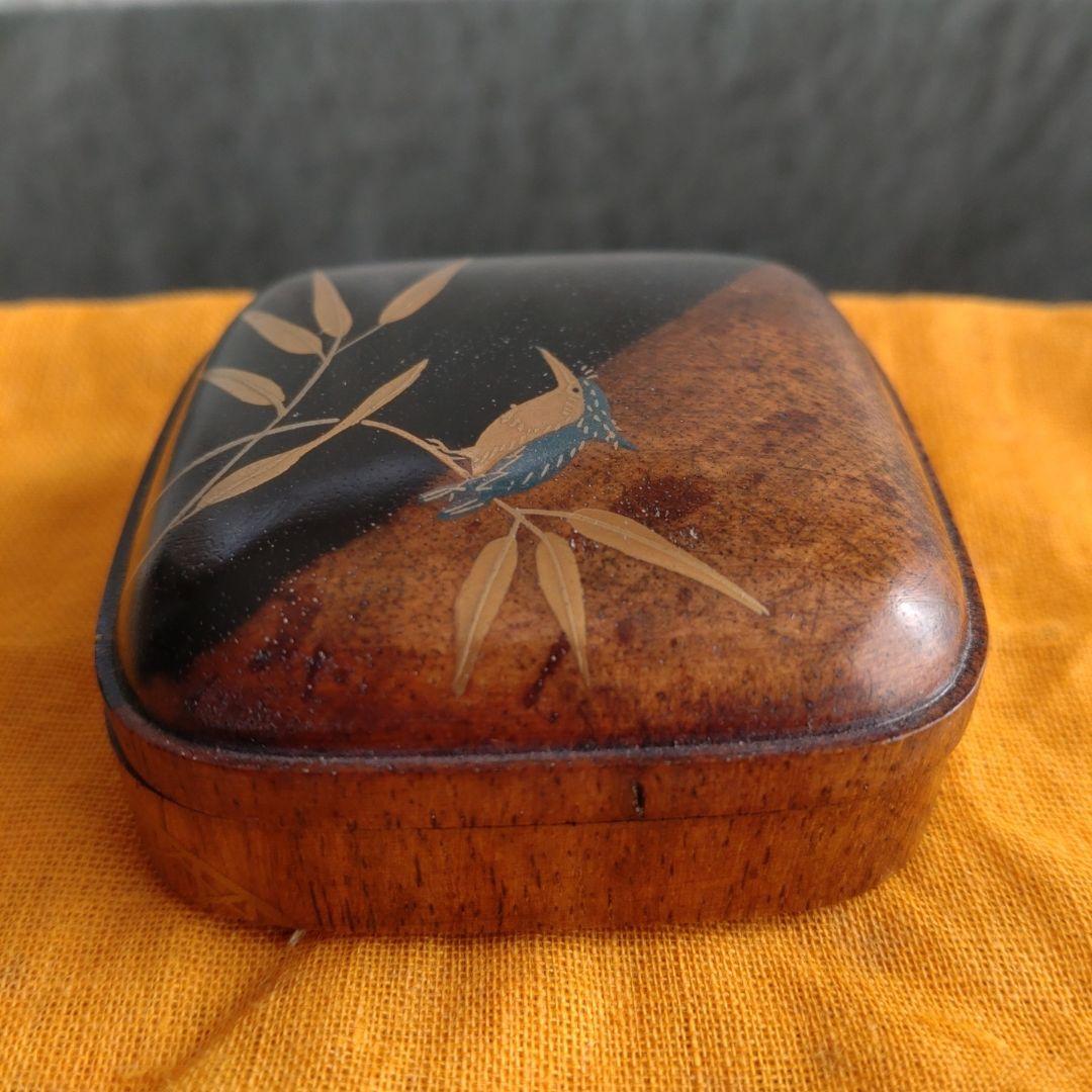 香合　黒柿四方　翡翠蒔絵　峰春造　共箱　無傷