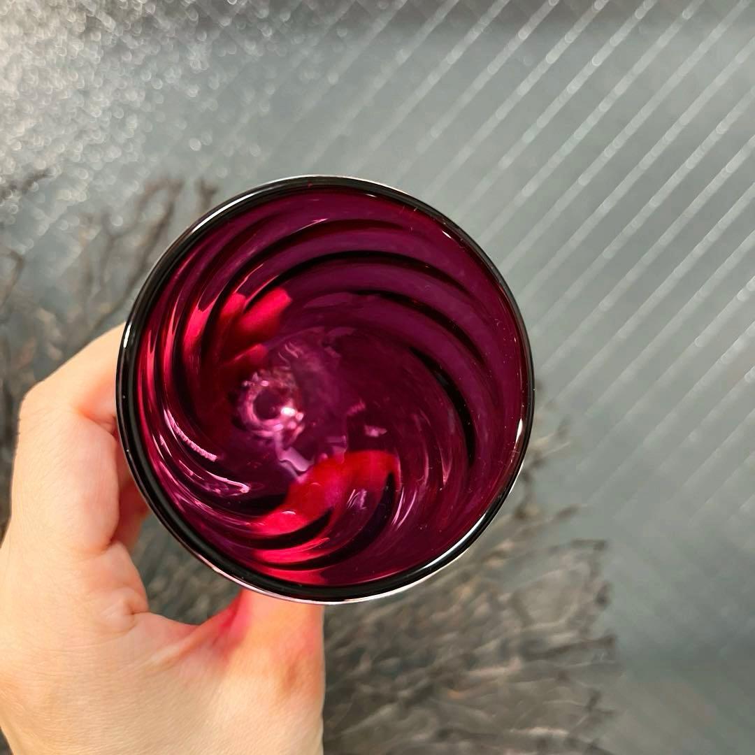 骨董　時代　希少金赤ガラス　モールガラス調　流線型　アイスコップ　ウラン ①