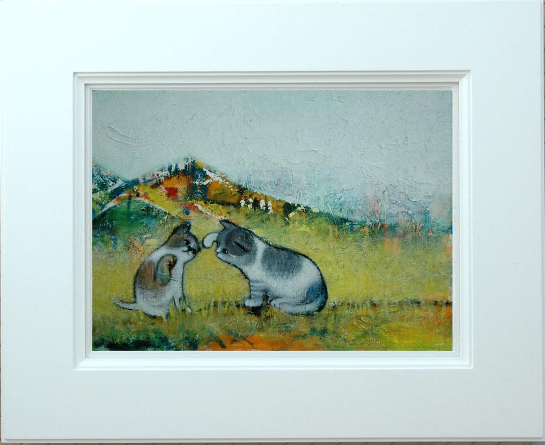 油絵 菅家令子絵 絵画インテリア額付(青緑＋金色の枠) uF6-050520子猫