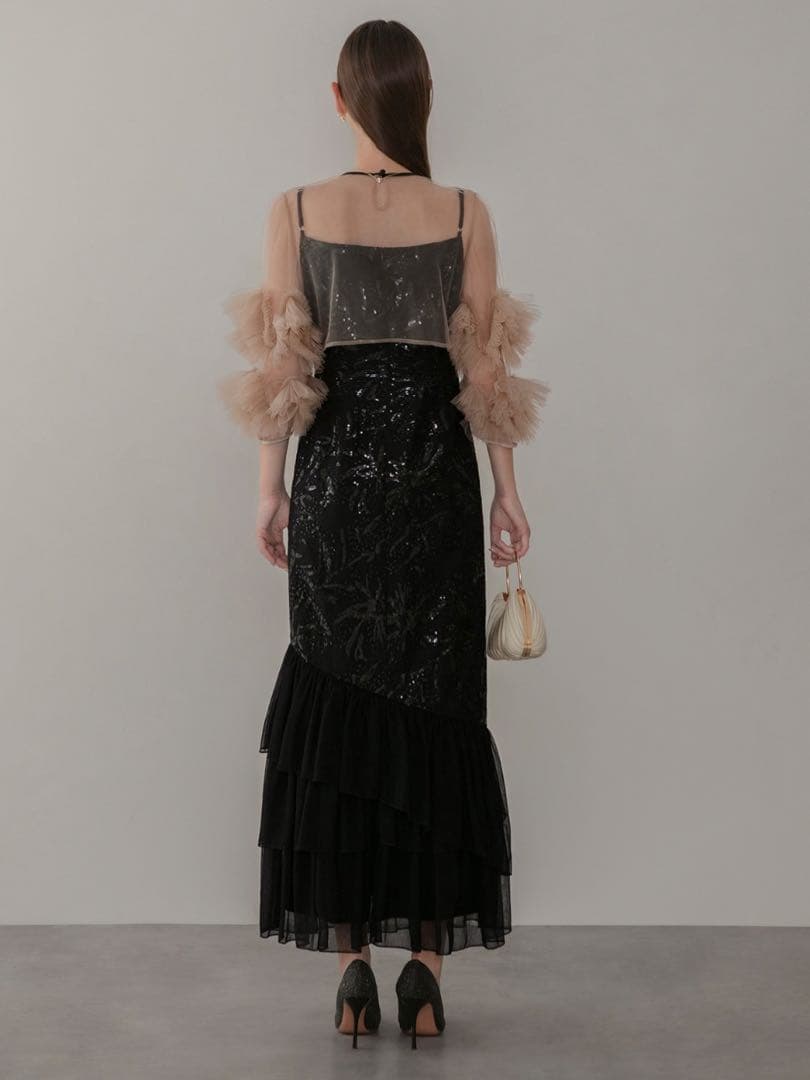 フラワースパンコールチュールフリルスリーブIラインワンピースドレス結婚式成人式