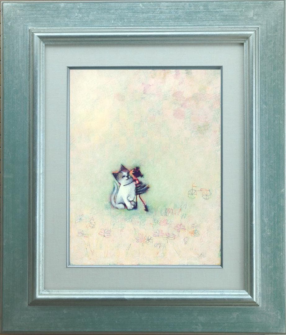 油絵 菅家令子 絵 絵画インテリア 額付(銀) F3-051621 子猫と女の子