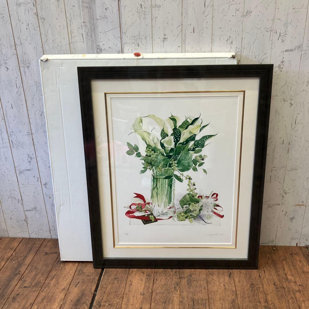 ブルーベリー リボン 花瓶 ガラス 複製画 琉球ガラス 植物 花イラスト 緑