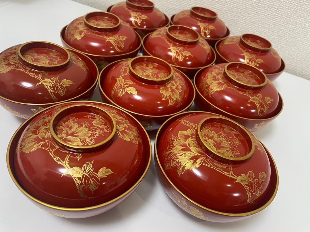 漆器 朱漆 内朱塗 漆器 吸物 懐石椀 煮物椀 10 客 牡丹柄 アンティーク