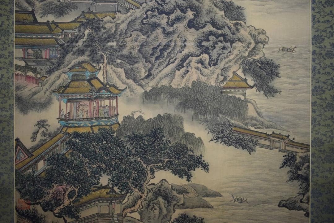 不詳/作者不詳/塔山水人物図/布袋屋掛軸HF-178