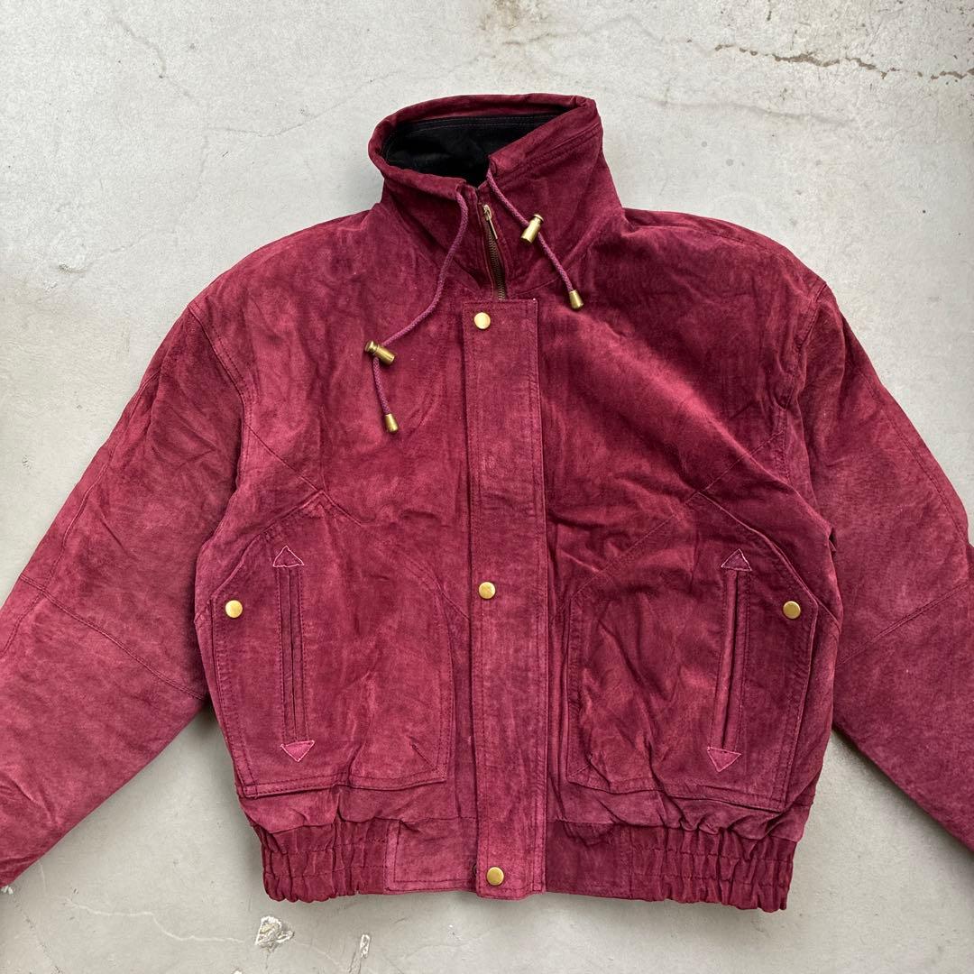 本革レザージャケット　えんじ色赤レッド　ヴィンテージ90sブルゾン短丈ハイネック