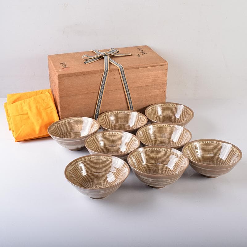 茶道具　韓国　廣州窯　三島手　数茶碗　八客　共箱　V　R8583B