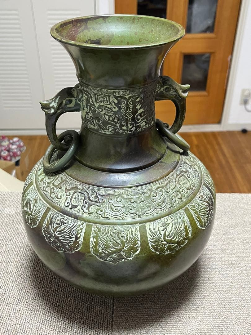 高岡銅器 吉秀 双耳 浮彫花鳥文花器 花瓶 華道具 飾り壷 インテリア