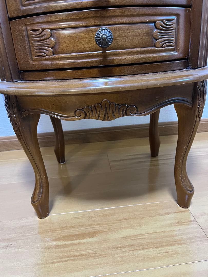 アンティーク調 木製サイドチェスト 4段引き出し 丸テーブル コンソールテーブル